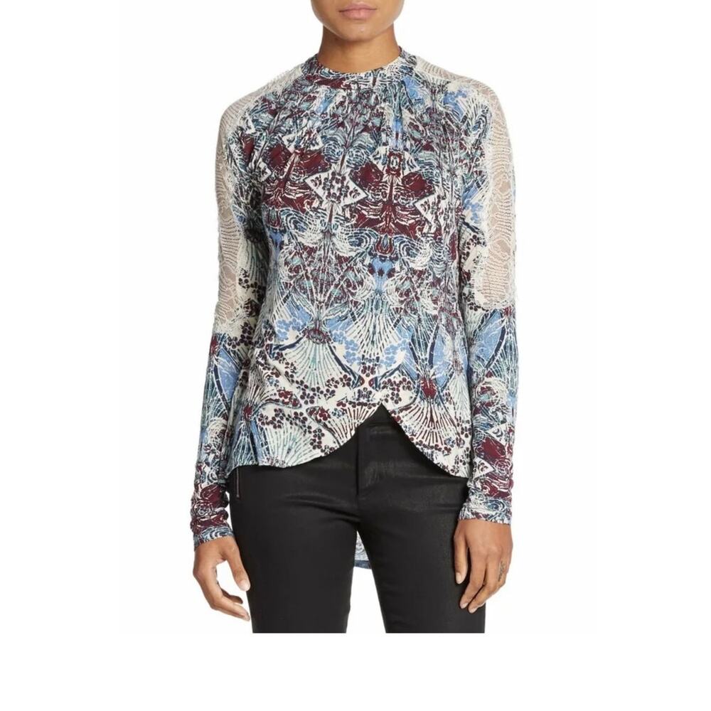 Free People Nouveau Printed Top Women's Casual Lace High Low Linen Western Boho
